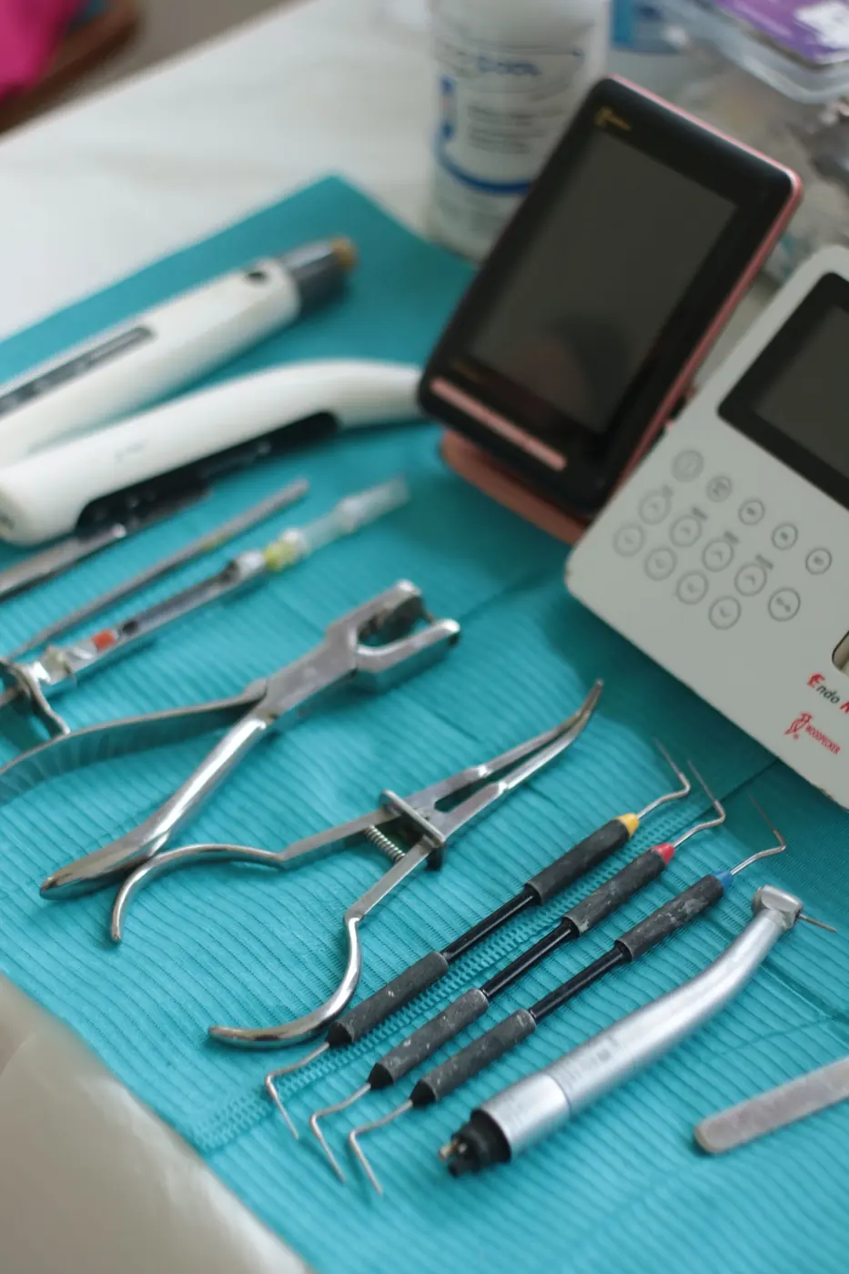 Sterile dental instruments laid out on a tray